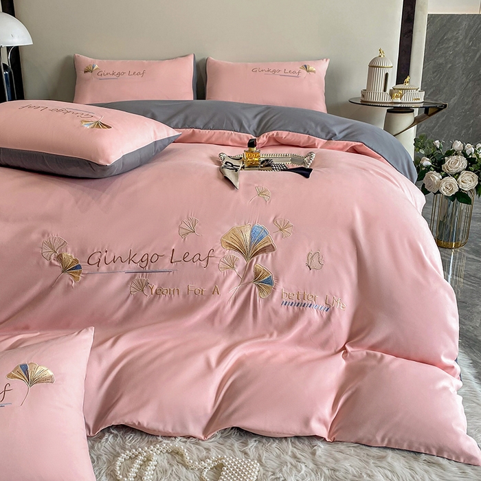 91家纺网 家纺一手货源 找家纺 孟鑫 2025新款水洗磨毛刺绣绣花四件套-三生有杏系列 初恋粉