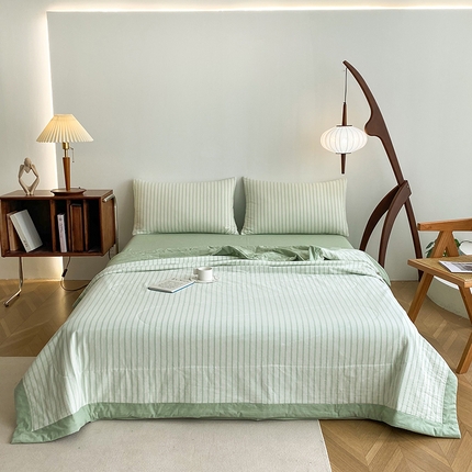 青螺家纺 2024全棉水洗棉双面色织100%新疆棉花夏被三件套四件套枕套床单 支持质检验货 中绿条纹