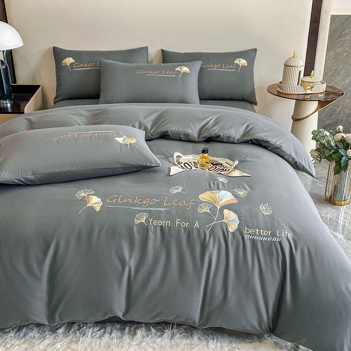 91家纺网 家纺一手货源 找家纺 孟鑫 2025新款水洗磨毛刺绣绣花四件套-三生有杏系列 时尚灰