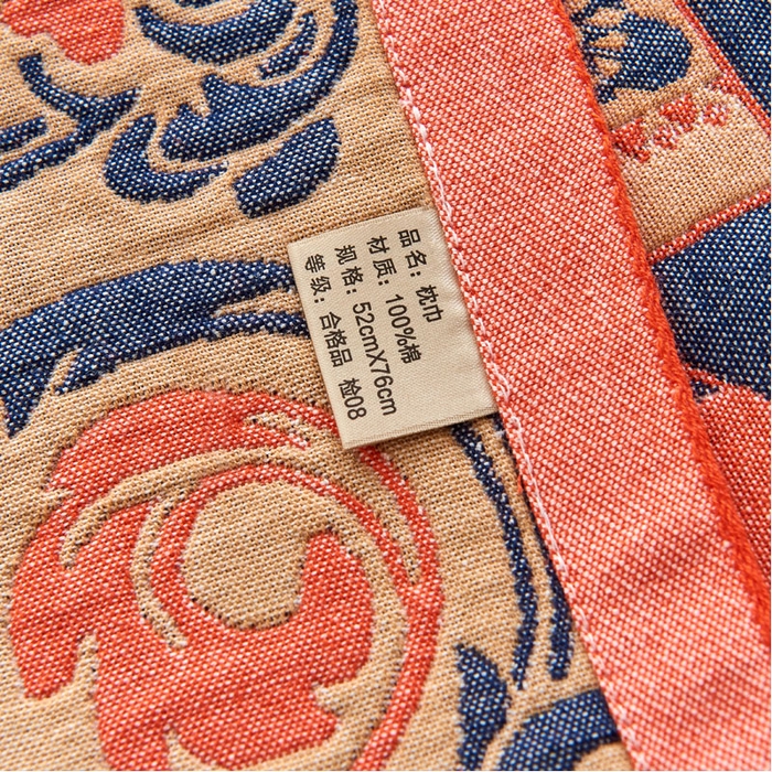 91家纺网 家纺一手货源 找家纺 朴尔家纺2024新款民族风彩棉系列四层纱布枕巾 印象派橘