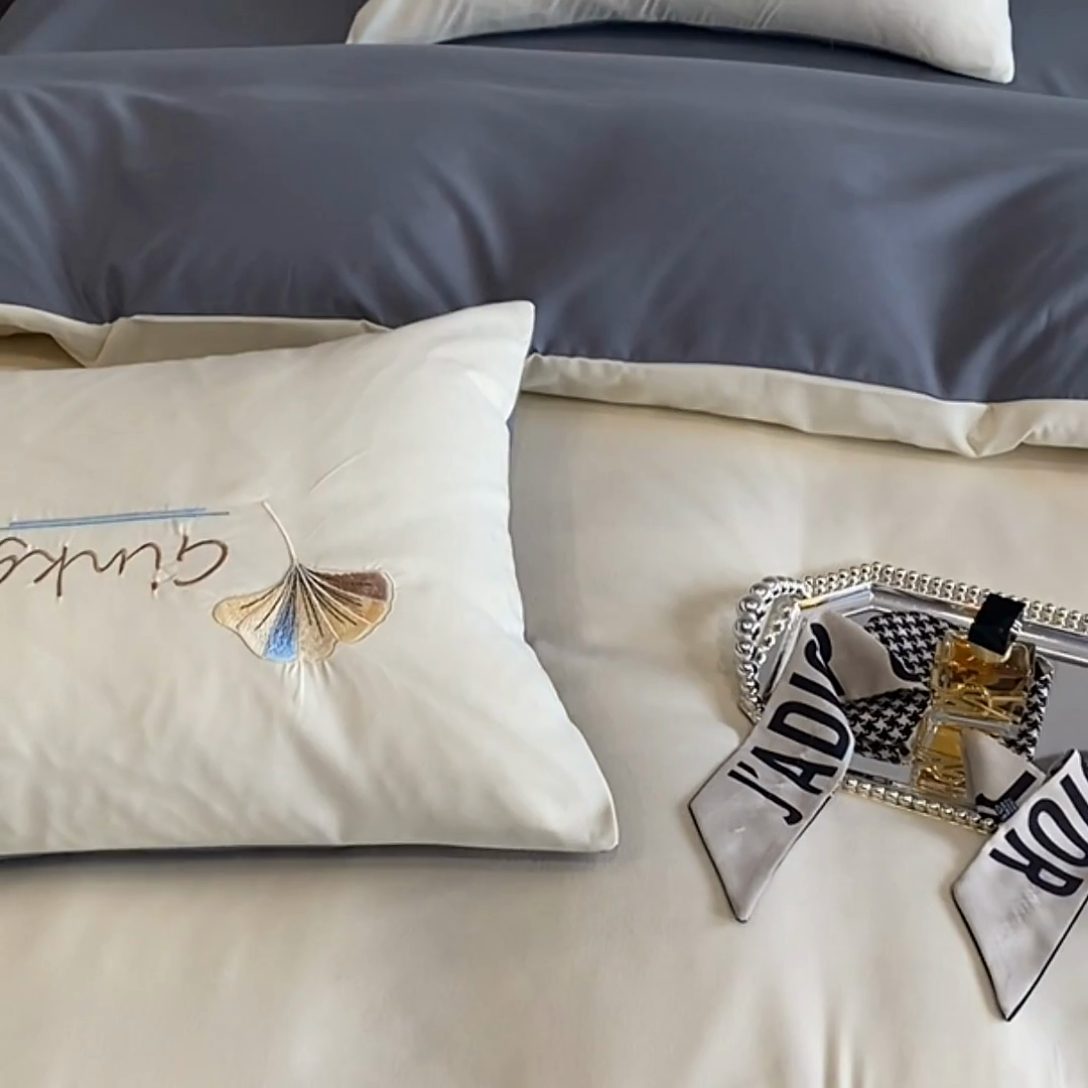 91家纺网 家纺一手货源 找家纺 孟鑫 2025新款水洗磨毛刺绣绣花四件套-三生有杏系列 米白