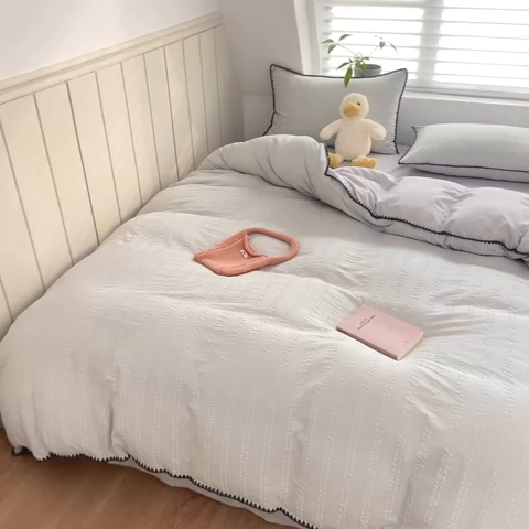 91家纺网 家纺一手货源 找家纺 羋多2024新款贝壳边雨泡泡棉泡泡纱双层纱四件套 雅士灰