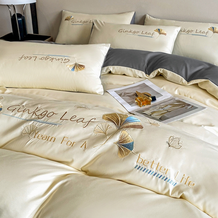 91家纺网 家纺一手货源 找家纺 孟鑫 2025新款水洗磨毛刺绣绣花四件套-三生有杏系列 米白