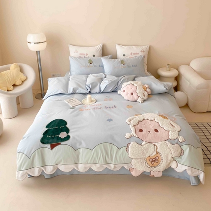 91家纺网 家纺一手货源 找家纺 （总）星野家居 2024春夏新品加厚40s水洗棉贴布绣四件套-小羊的一天