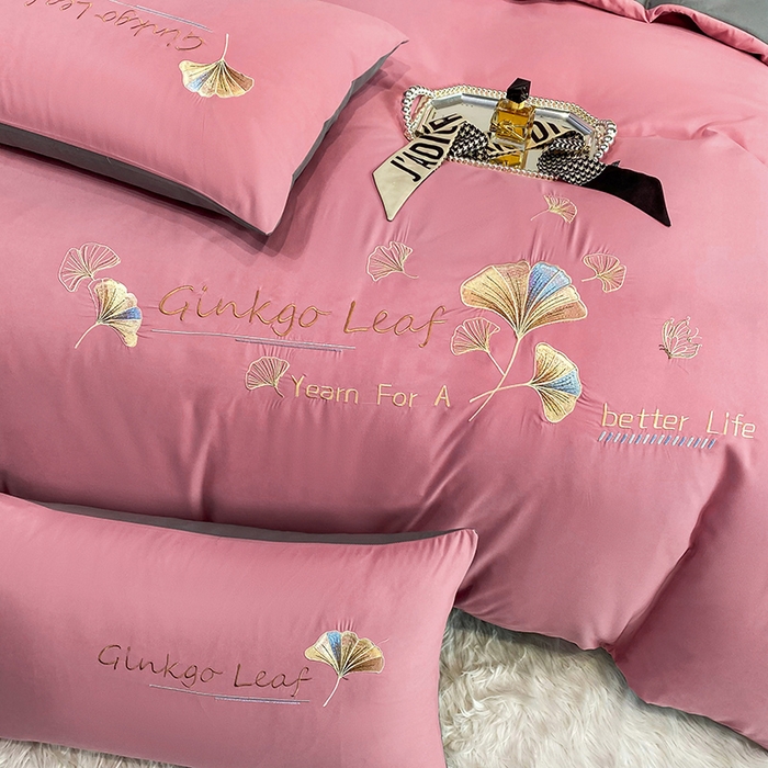 91家纺网 家纺一手货源 找家纺 孟鑫 2025新款水洗磨毛刺绣绣花四件套-三生有杏系列 红豆沙