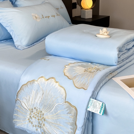 你好美丽 2025新款水洗磨毛刺绣夏被四件套-花开盛夏 花开盛夏-蓝