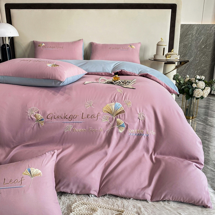 91家纺网 家纺一手货源 找家纺 孟鑫 2025新款水洗磨毛刺绣绣花四件套-三生有杏系列 粉紫