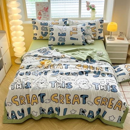 妖妖家纺 2024新款超柔软糯水洗云朵棉印花夏被四件套 棒棒比熊