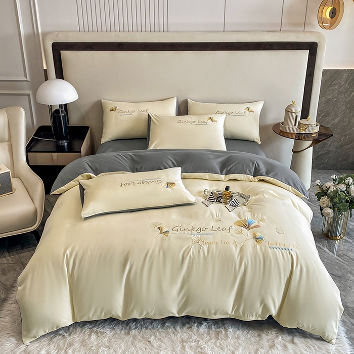 91家纺网 家纺一手货源 找家纺 孟鑫 2025新款水洗磨毛刺绣绣花四件套-三生有杏系列 米白