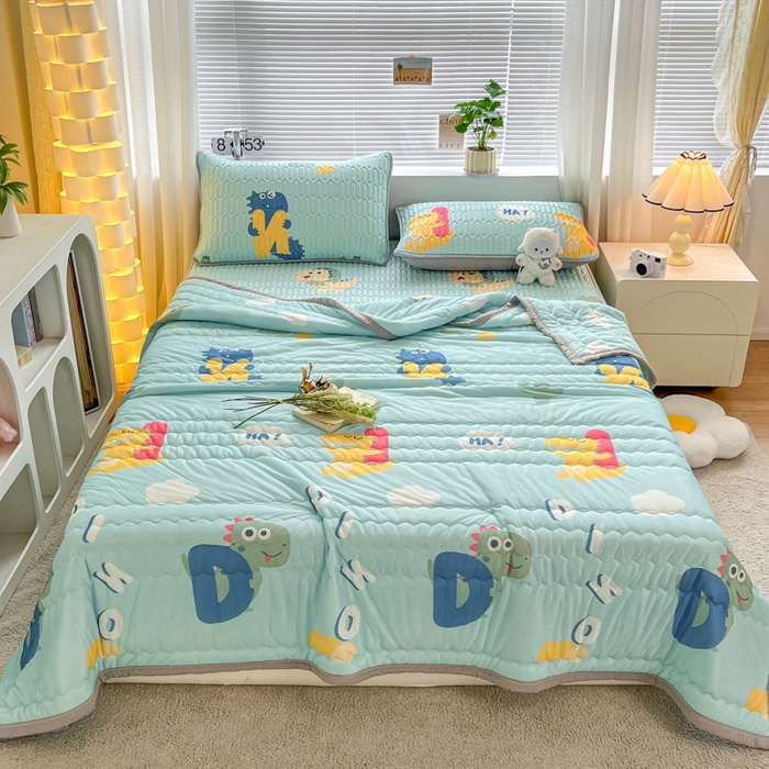 91家纺网 家纺一手货源 找家纺 福来临家纺 2025新款A类凉感丝印花含胶床笠 恐龙乐园