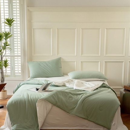 华超针织 2024新款全棉针织纯色夏被 夏被豆绿拼白色