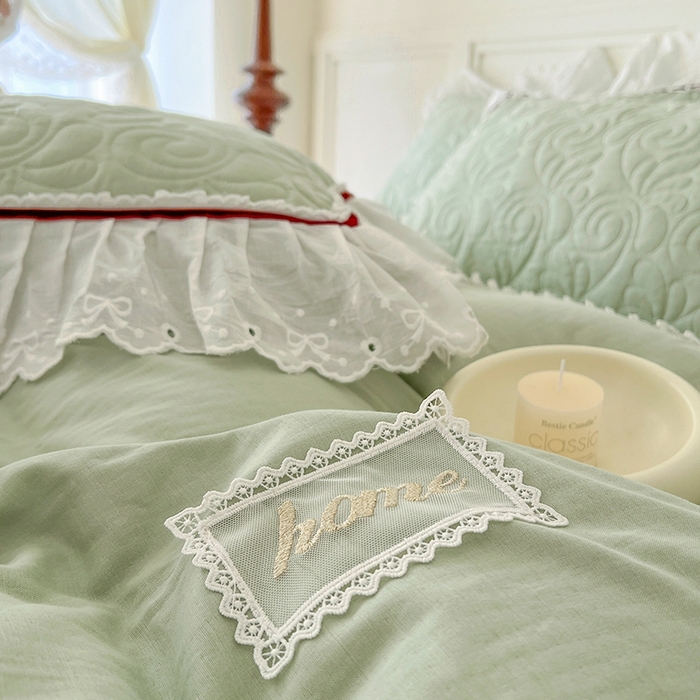 91家纺网 家纺一手货源 找家纺 麒豆豆 2024新款全棉双层纱花边款爱丽丝系列单床裙 豆蔻绿