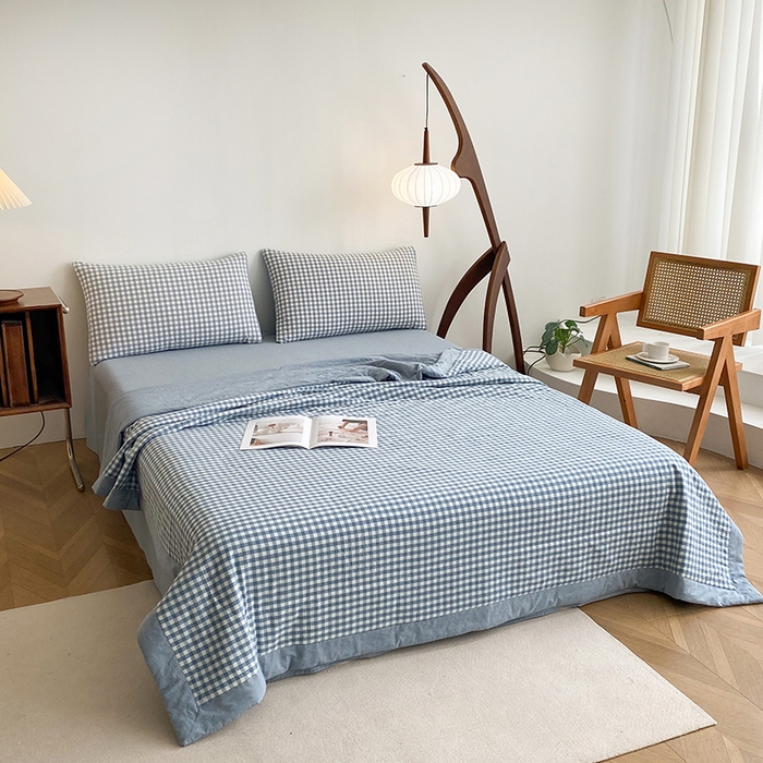 91家纺网 家纺一手货源 找家纺 青螺家纺 2024全棉水洗棉双面色织100%新疆棉花夏被三件套四件套枕套床单 支持质检验货 小兰格