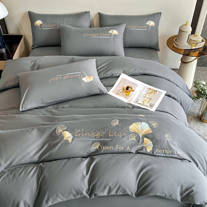 91家纺网 家纺一手货源 找家纺 孟鑫 2025新款水洗磨毛刺绣绣花四件套-三生有杏系列 时尚灰