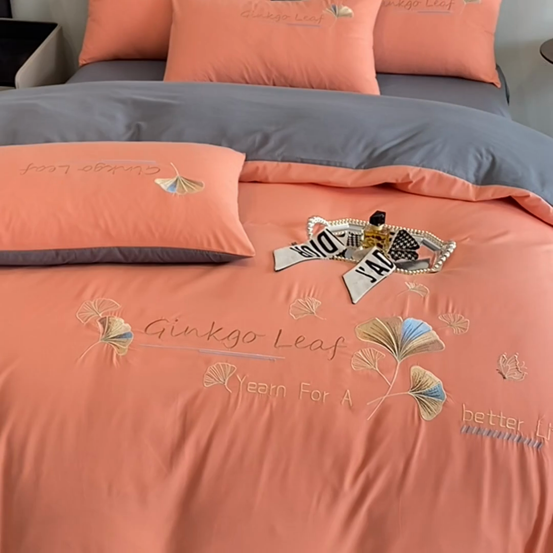 91家纺网 家纺一手货源 找家纺 孟鑫 2025新款水洗磨毛刺绣绣花四件套-三生有杏系列 艾玛橙