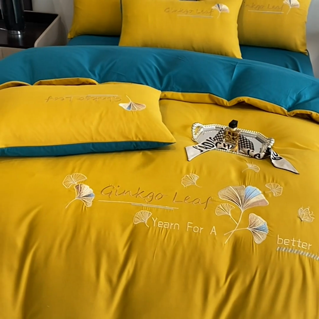 91家纺网 家纺一手货源 找家纺 孟鑫 2025新款水洗磨毛刺绣绣花四件套-三生有杏系列 姜黄