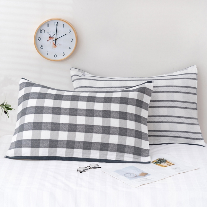 91家纺网 家纺一手货源 找家纺 朴尔家纺-毛巾被 2024新款特惠混纺棉质三层纱布独版AB面枕巾 52*78cm一对 格韵灰