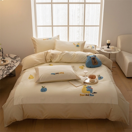 泽西家纺 2024新款全棉水洗棉毛巾绣大拼角四件套 星星梨