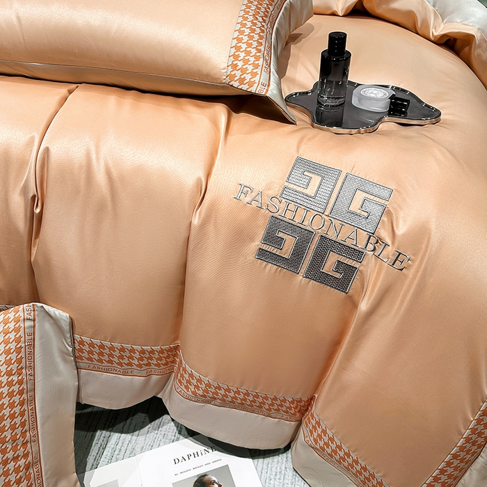 91家纺网 家纺一手货源 找家纺 富盛家纺 2024新款水洗真丝刺绣四件套-威灵顿 威灵顿—橘色