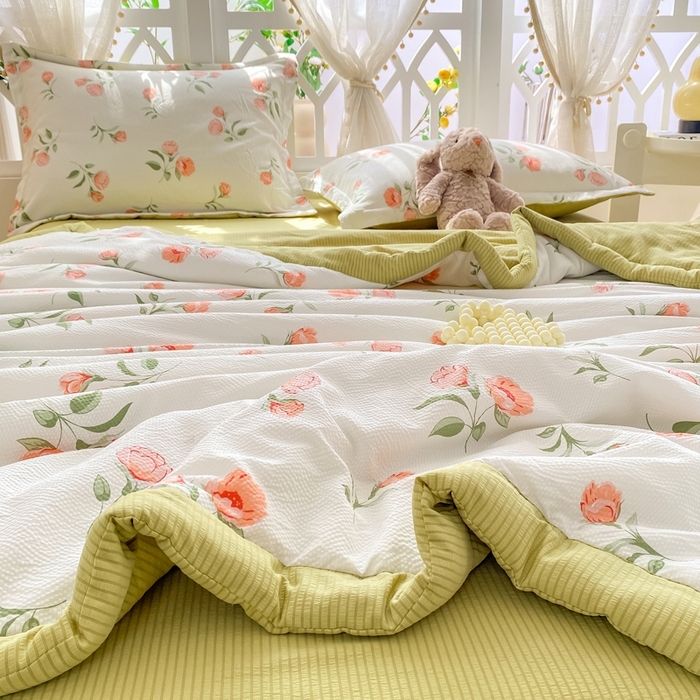 91家纺网 家纺一手货源 找家纺 恋之巢2024新款 泡泡棉印花夏被四件套 花季-绿