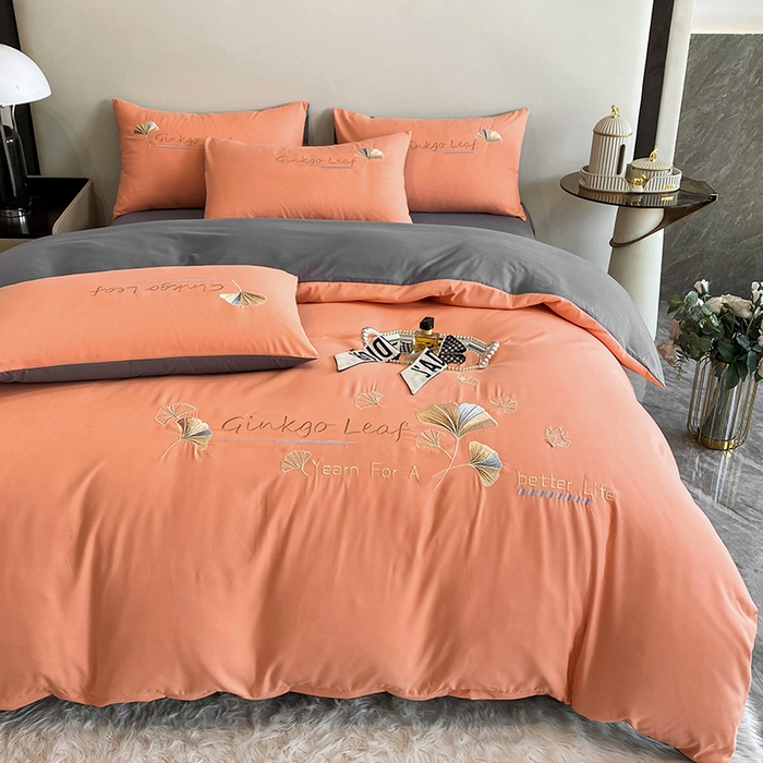 91家纺网 家纺一手货源 找家纺 孟鑫 2025新款水洗磨毛刺绣绣花四件套-三生有杏系列 艾玛橙