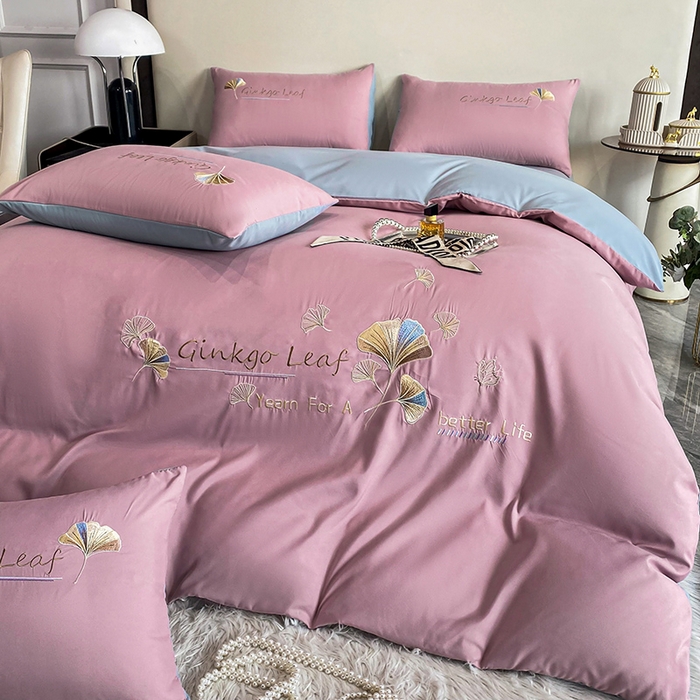 91家纺网 家纺一手货源 找家纺 孟鑫 2025新款水洗磨毛刺绣绣花四件套-三生有杏系列 粉紫