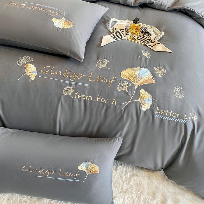 91家纺网 家纺一手货源 找家纺 孟鑫 2025新款水洗磨毛刺绣绣花四件套-三生有杏系列 时尚灰