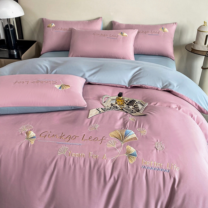 91家纺网 家纺一手货源 找家纺 孟鑫 2025新款水洗磨毛刺绣绣花四件套-三生有杏系列 粉紫