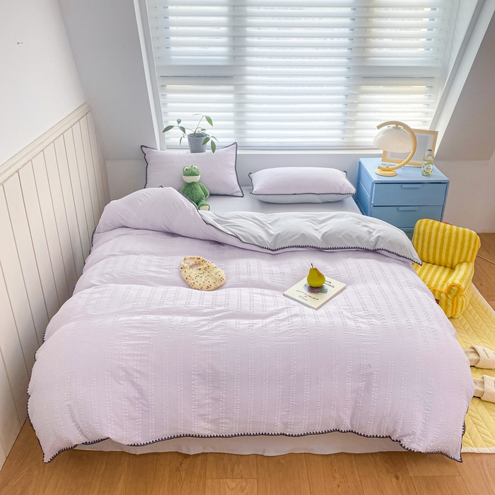 91家纺网 家纺一手货源 找家纺 羋多2024新款贝壳边雨泡泡棉泡泡纱双层纱四件套 香芋紫+雅士灰