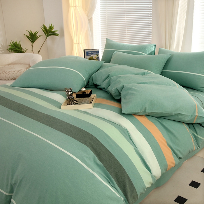 91家纺网 家纺一手货源 找家纺 金纱玉纺家纺 2024新款色织全棉水洗棉四件套 绿桔白条