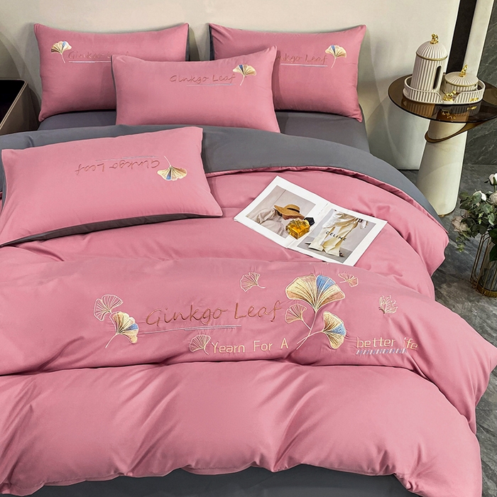 91家纺网 家纺一手货源 找家纺 孟鑫 2025新款水洗磨毛刺绣绣花四件套-三生有杏系列 红豆沙