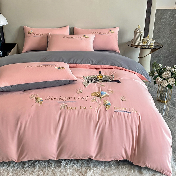 91家纺网 家纺一手货源 找家纺 孟鑫 2025新款水洗磨毛刺绣绣花四件套-三生有杏系列 初恋粉