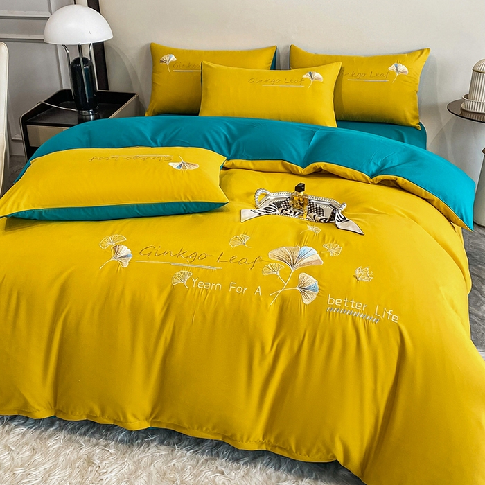 91家纺网 家纺一手货源 找家纺 孟鑫 2025新款水洗磨毛刺绣绣花四件套-三生有杏系列 姜黄