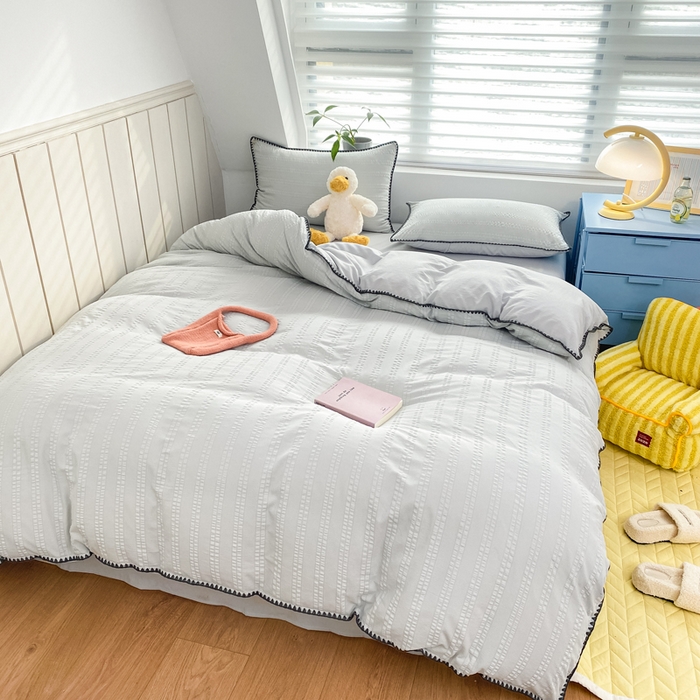 91家纺网 家纺一手货源 找家纺 羋多2024新款贝壳边雨泡泡棉泡泡纱双层纱四件套 雅士灰