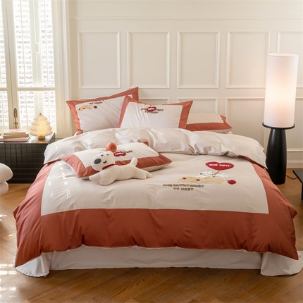 泽西家纺 2024新款全棉水洗棉毛巾绣大拼角四件套 跳跳兔