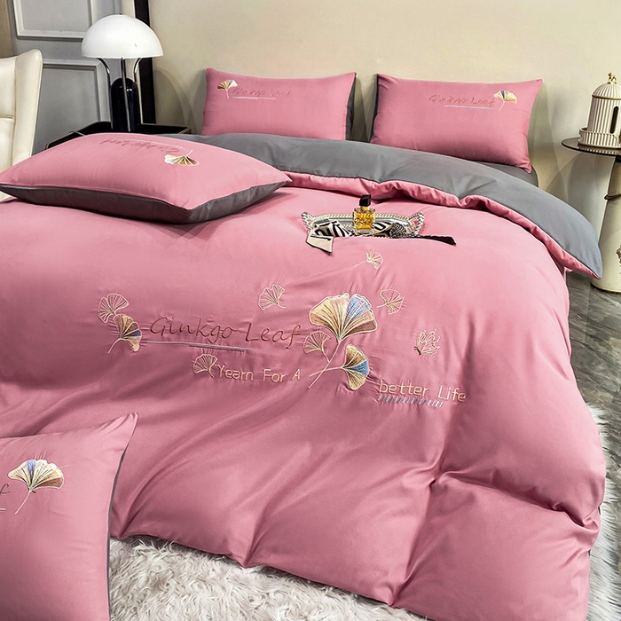 91家纺网 家纺一手货源 找家纺 孟鑫 2025新款水洗磨毛刺绣绣花四件套-三生有杏系列 红豆沙