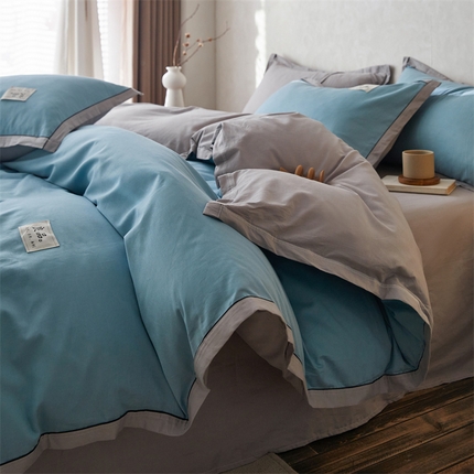 91家纺网 家纺一手货源 找家纺 启程家纺 2024新款全棉A类40支嵌绳包边款四件套 蓝灰