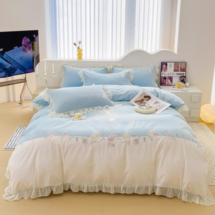 91家纺网 家纺一手货源 找家纺 迪欧芙 2024新款全棉刺绣四件套-满庭院 满庭院-蓝