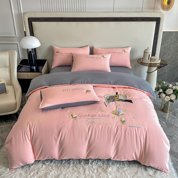 91家纺网 家纺一手货源 找家纺 孟鑫 2025新款水洗磨毛刺绣绣花四件套-三生有杏系列 初恋粉