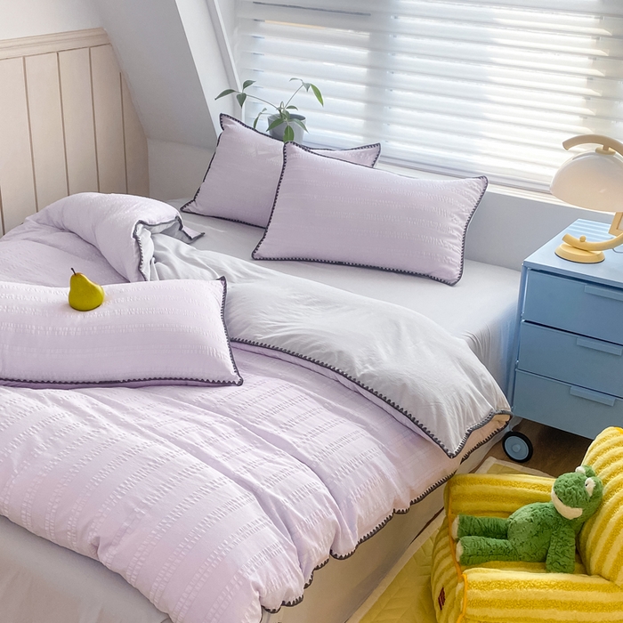 91家纺网 家纺一手货源 找家纺 羋多2024新款贝壳边雨泡泡棉泡泡纱双层纱四件套 香芋紫+雅士灰