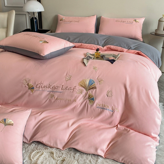 91家纺网 家纺一手货源 找家纺 孟鑫 2025新款水洗磨毛刺绣绣花四件套-三生有杏系列 初恋粉