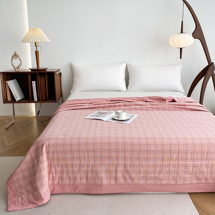 91家纺网 家纺一手货源 找家纺 青螺家纺 2024全棉水洗棉双面色织100%新疆棉花夏被三件套四件套枕套床单 支持质检验货 凯瑟琳 粉