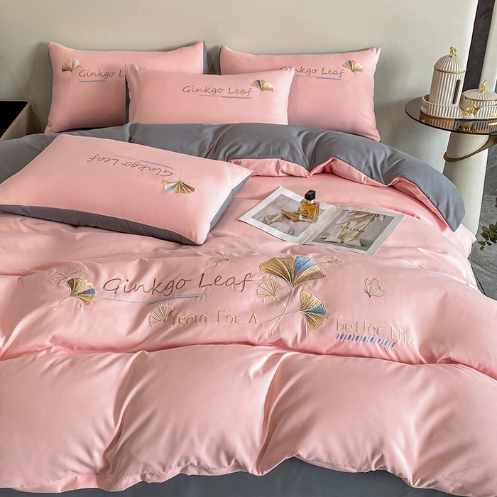 91家纺网 家纺一手货源 找家纺 孟鑫 2025新款水洗磨毛刺绣绣花四件套-三生有杏系列 初恋粉