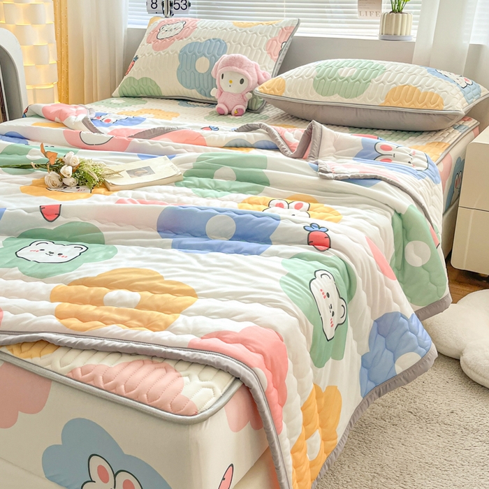 91家纺网 家纺一手货源 找家纺 福来临家纺 2025新款A类凉感丝印花含胶床笠 向阳花