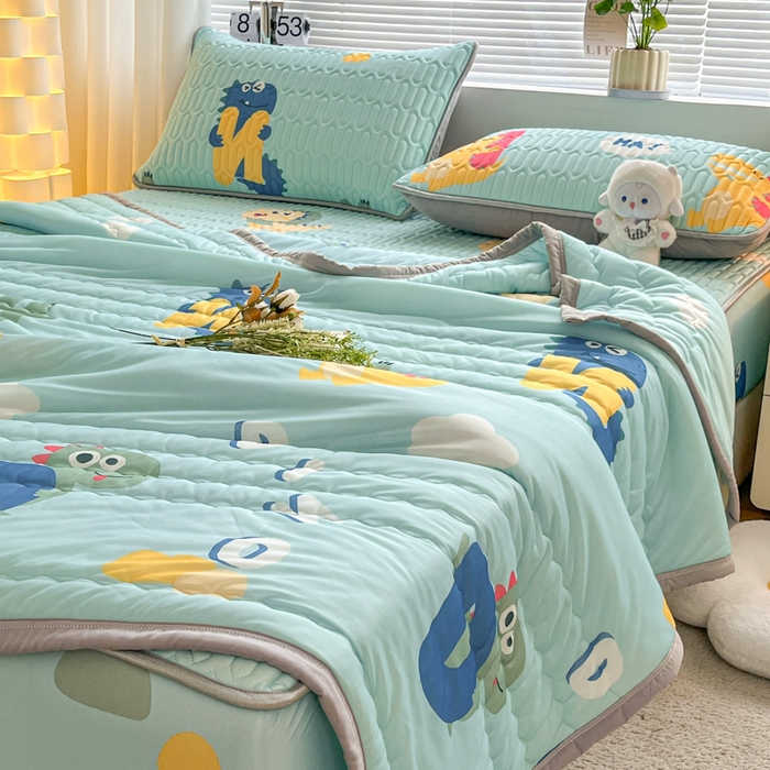 91家纺网 家纺一手货源 找家纺 福来临家纺 2025新款A类凉感丝印花含胶床笠 恐龙乐园