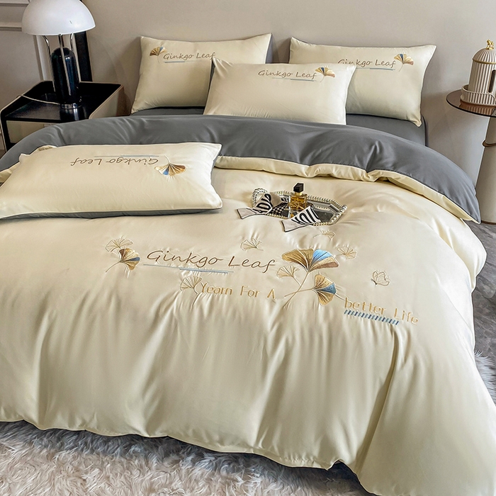 91家纺网 家纺一手货源 找家纺 孟鑫 2025新款水洗磨毛刺绣绣花四件套-三生有杏系列 米白