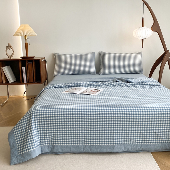 91家纺网 家纺一手货源 找家纺 青螺家纺 2024全棉水洗棉双面色织100%新疆棉花夏被三件套四件套枕套床单 支持质检验货 小兰格