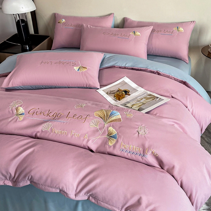 91家纺网 家纺一手货源 找家纺 孟鑫 2025新款水洗磨毛刺绣绣花四件套-三生有杏系列 粉紫