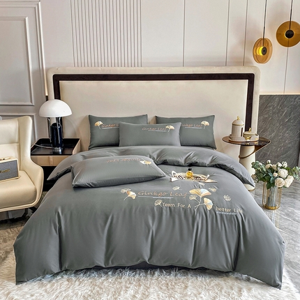 孟鑫 2025新款水洗磨毛刺绣绣花四件套-三生有杏系列 时尚灰