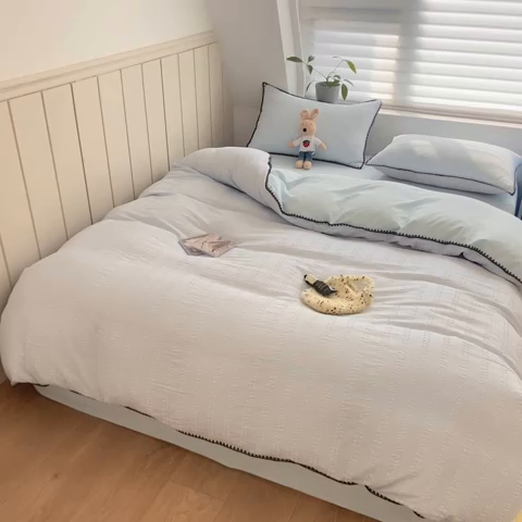 91家纺网 家纺一手货源 找家纺 羋多2024新款贝壳边雨泡泡棉泡泡纱双层纱四件套 天空蓝